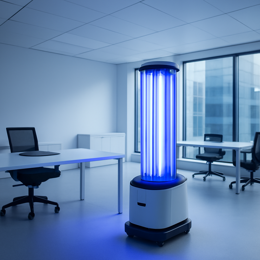 UV-C disinfection device sanitizing a modern office with blue ultraviolet light